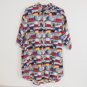Vintage Nautica Mens Button Down Short Sleeve Shirt XL- Sail Boats Graphic Print